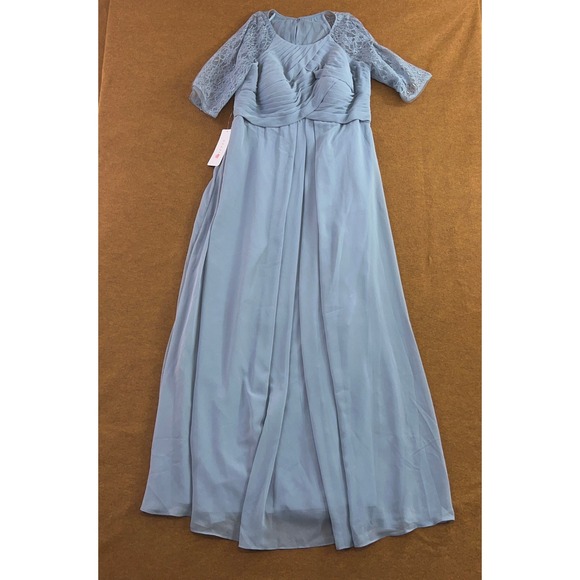 Azazie Dresses & Skirts - Azazie Womens 16 Dusty Blue Barrymore Lace Sleeve Chiffon Maxi Dress NWT